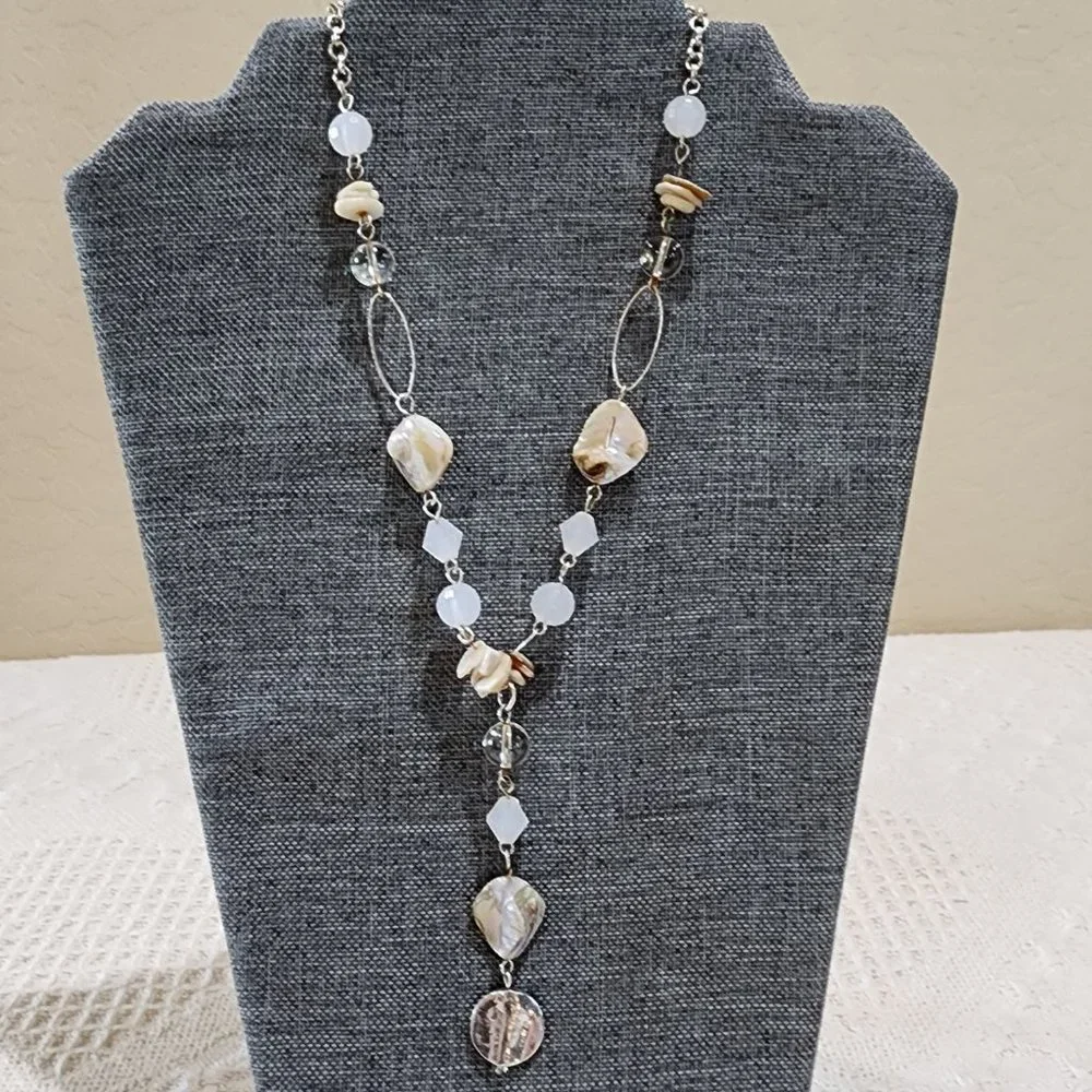 Abalone Shell Clear Glass Bead and White Bead Y Lariat Style Gold Necklace